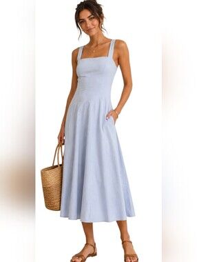 Abercrombie & Fitch A&F Mila Midi Dress Lilac Blue Square Neck Cotton Size L Pet